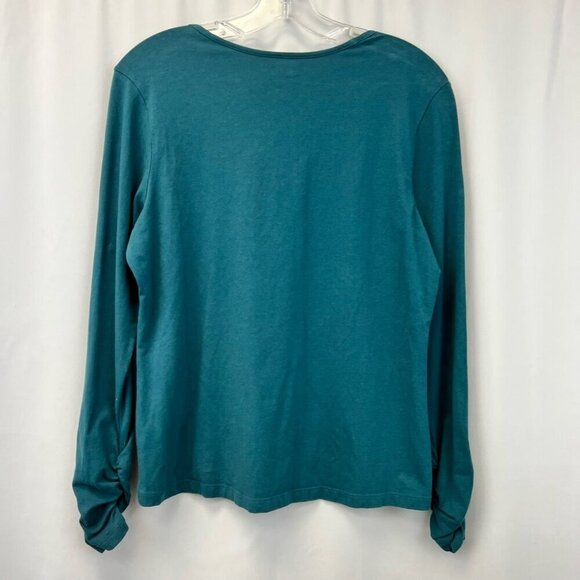 Apropos Womens Blouse Teal Long Sleeve Ruched Scoop Neck Stretch Cotton Solid M - Picture 2 of 10